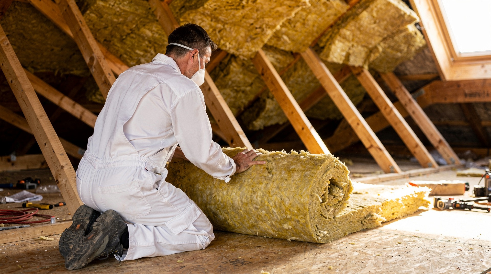 Pose d'isolation en laine de roche dans les combles d'une maison