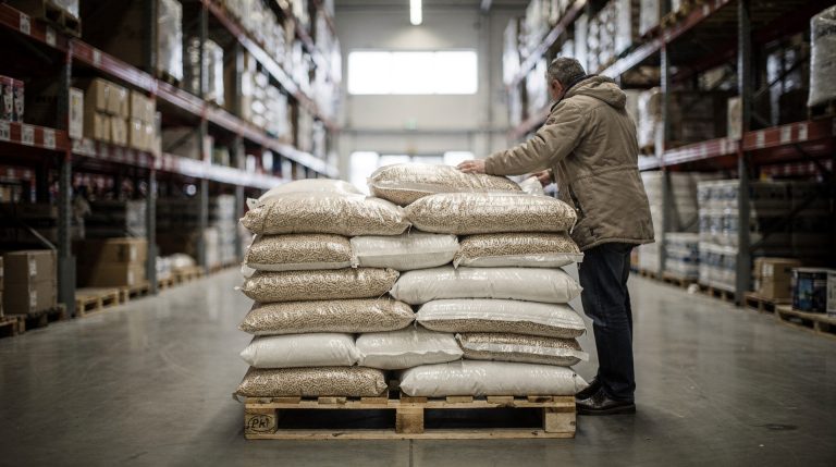 Prix d’un sac de pellets 15 kg chez Leclerc : ce qu’il faut savoir en 2026 Sacs de granulés de bois empilés en palette dans un magasin Leclerc