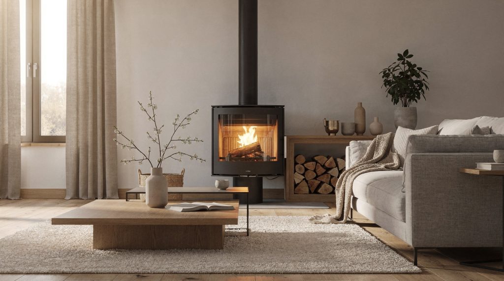 Salon moderne chauffé par un poêle à bois design