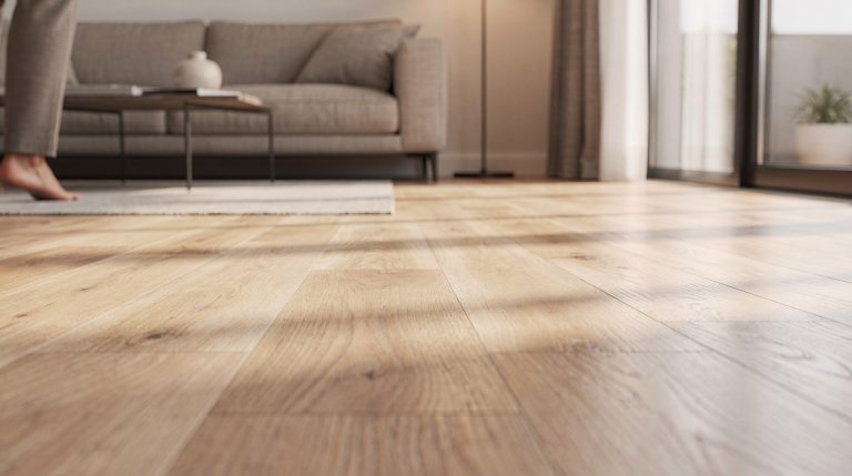 Sol en parquet stratifié clair dans un salon contemporain