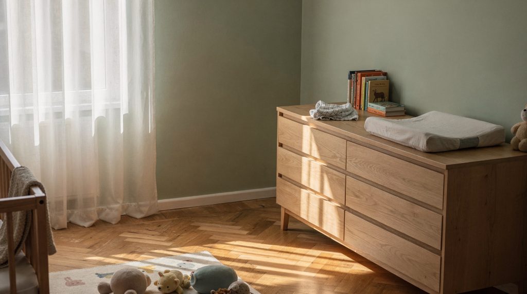 Chambre de bébé lumineuse avec commode en bois massif et murs vert sauge pâle