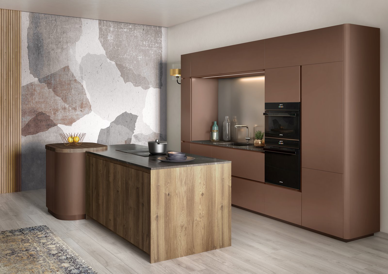 Cuisine sur-mesure Cuisine Plus aux façades terracotta avec îlot en chêne et colonne four encastré