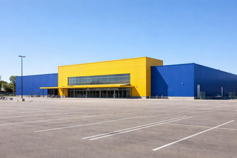 Quel est le magasin IKEA le plus grand en France et dans le monde ? Façade extérieure d'un grand magasin IKEA en zone commerciale