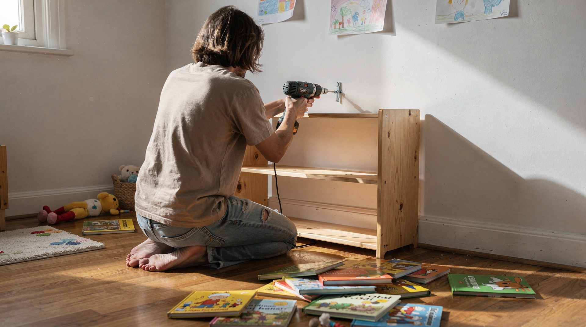 Parent fixant une bibliothèque basse au mur dans une chambre d'enfant