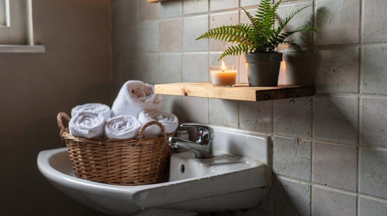 Salle de bain zen avec bougies et plantes