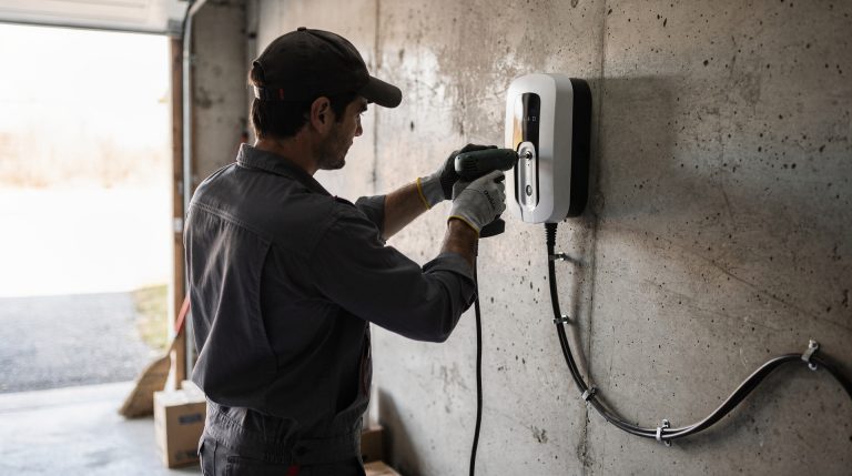Technicien installant une Wallbox dans un garage résidentiel